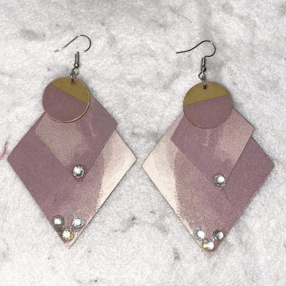 Handcrafted Lavender Triangle Wood Dangle Earrings Boho Hippie Rhinestone 3" Dro - Picture 2 of 7